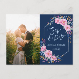Navy Blush Pink Floral Boho Photo Save The Date Invitation Postcard