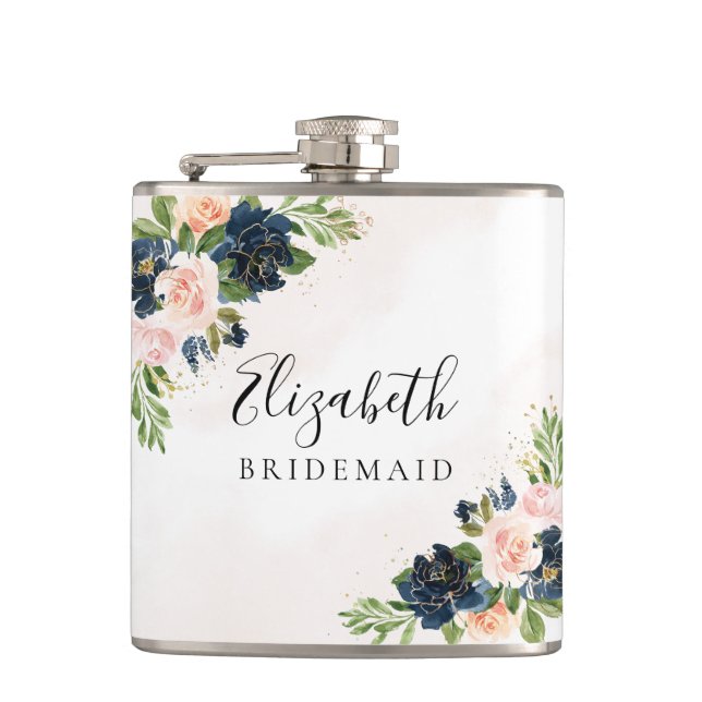 Navy & Blush Pink Floral  Bridal Shower Flask (Front)