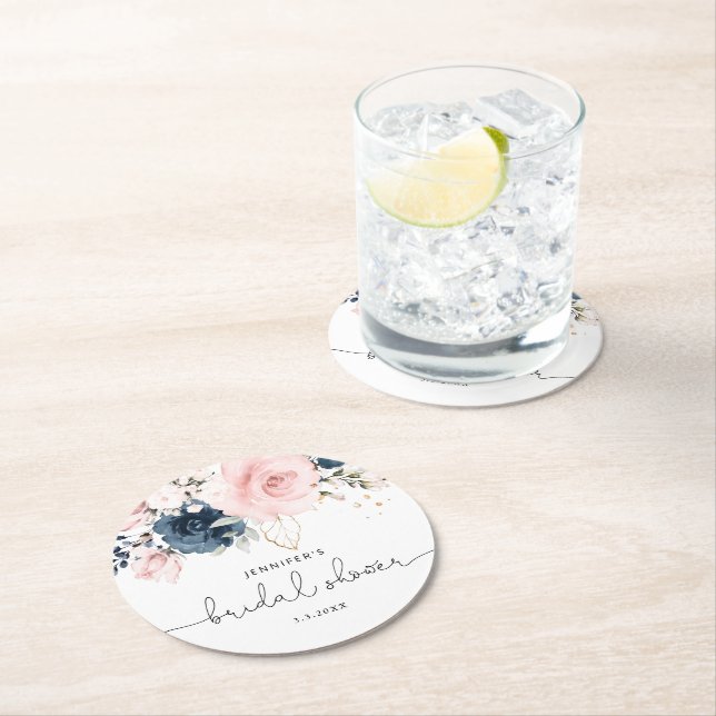 Navy blush pink floral bridal shower round paper coaster (Insitu)