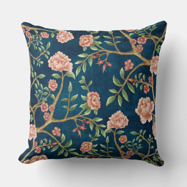 Navy Blush Pink Floral Chinoiserie Floral Greenery Cushion (Front)