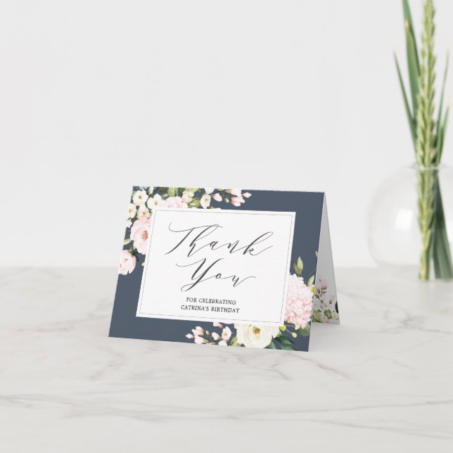 Navy & Blush Pink Floral Folded Thank You Card (Front)