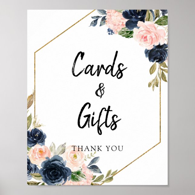 Navy Blush Pink Floral Frame Cards and Gifts Sign (Front)