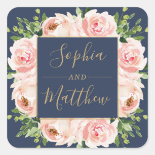 Navy Blush Pink Floral Greenery Wedding Favour Square Sticker