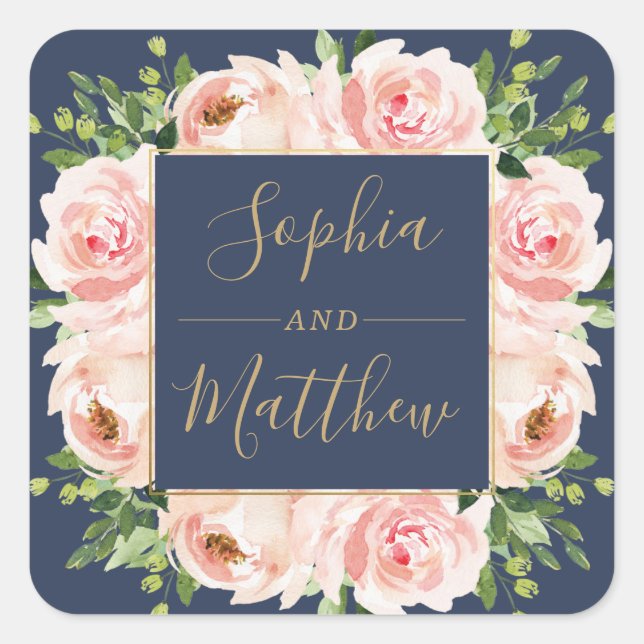 Navy Blush Pink Floral Greenery Wedding Favour Square Sticker (Front)