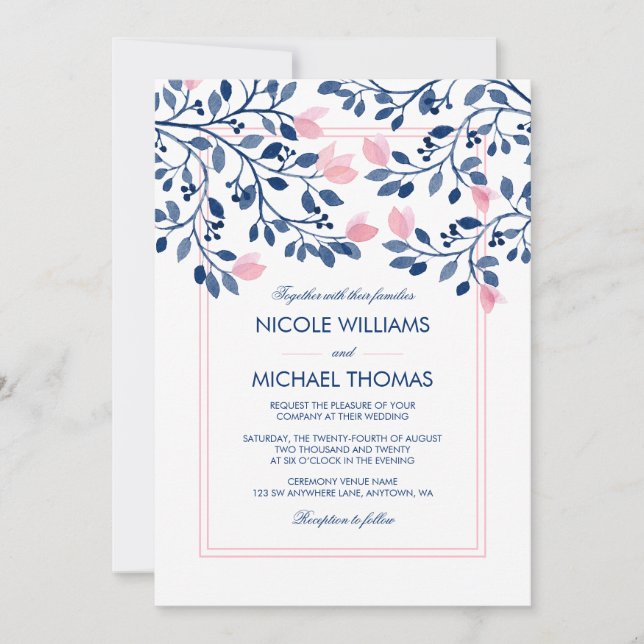 Navy Blush Pink Floral Leaves Watercolor Wedding Invitation (Front)