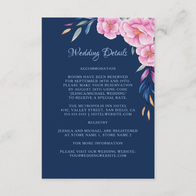 Navy Blush Pink Floral Monogram Wedding Details Enclosure Card (Front)