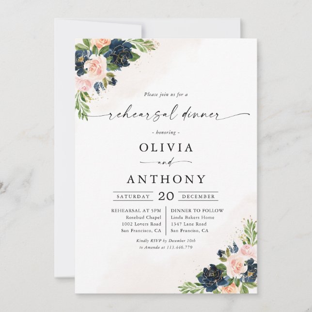 Navy & Blush Pink Floral Rehearsal Dinner Invitation (Front)