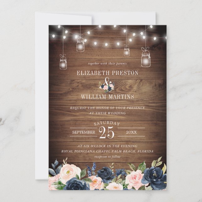Navy Blush Pink Floral Rustic Barn Wood Wedding Invitation (Front)