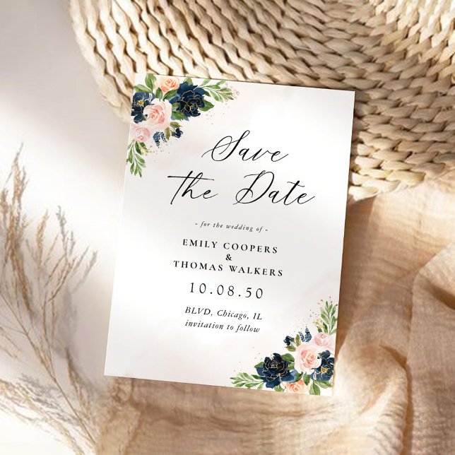 Navy & Blush Pink Floral Save The Date Card (Creator Uploaded)