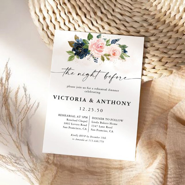 Navy & Blush Pink Floral The Night Before Invitation (Creator Uploaded)