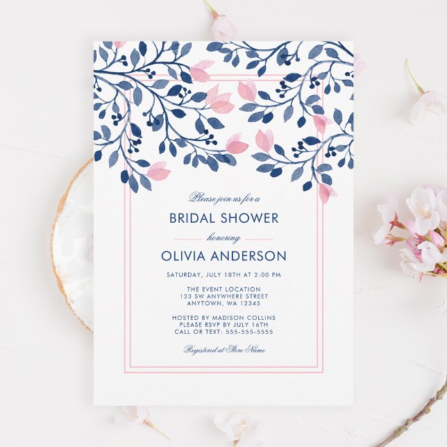 Navy Blush Pink Floral Watercolor Bridal Shower Invitation (Creator Uploaded)