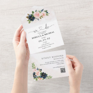 Navy & Blush Pink Floral Wedding  All In One Invitation