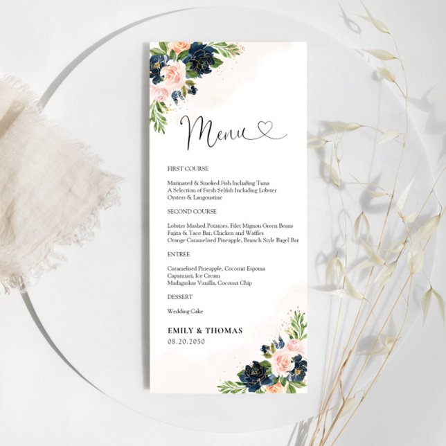 Navy & Blush Pink Floral Wedding Ceremony Menu (Creator Uploaded)