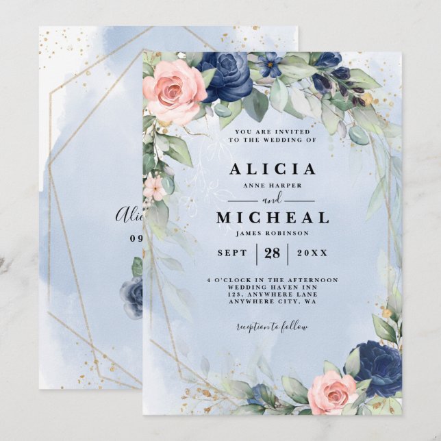 Navy & blush pink floral wedding Invitation (Front/Back)