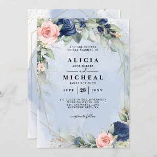Navy & blush pink floral wedding Invitation