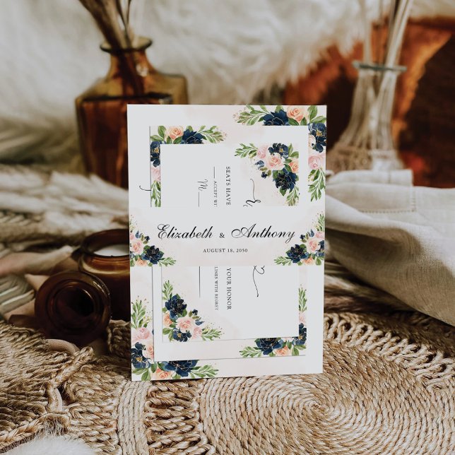 Navy & Blush Pink Floral Wedding Invitation Belly Band (Creator Uploaded)