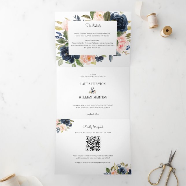 Navy Blush Pink Floral Wedding Photo RSVP QR Code Tri-Fold Invitation (Inside)