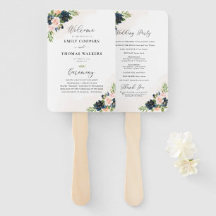 Navy & Blush Pink Floral Wedding Program Hand Fan