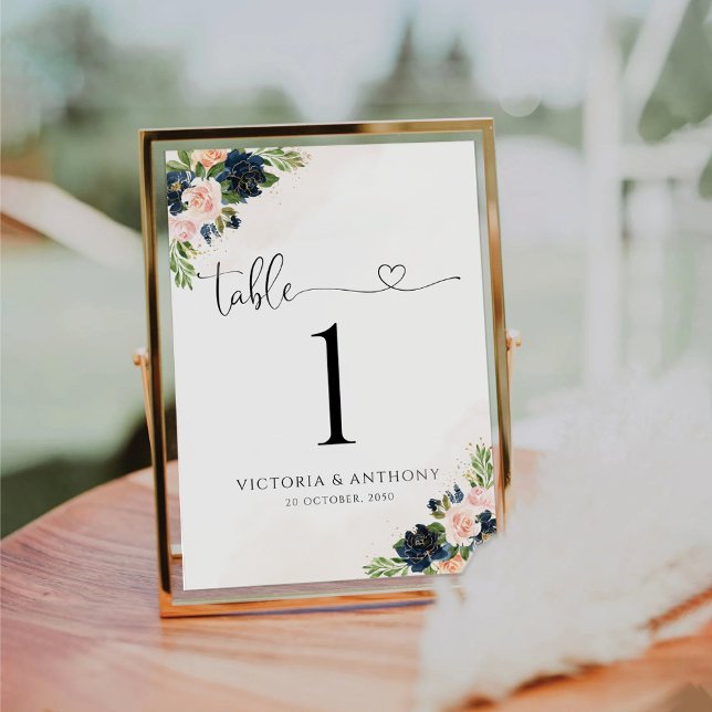 Navy & Blush Pink Floral Wedding Table Numbers (Creator Uploaded)