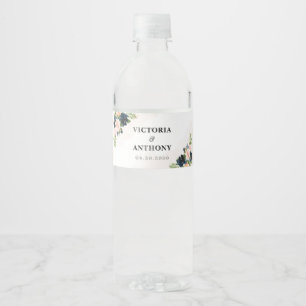 Navy & Blush Pink Floral Wedding  Water Bottle Label