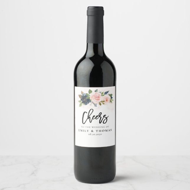 Navy & Blush Pink Floral Wedding Wine Label (Front)
