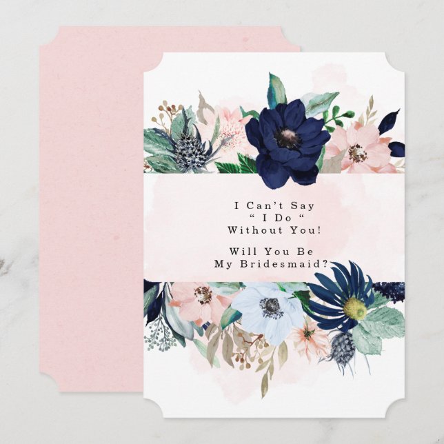 Navy Blush Pink Floral Will You Be My Bridesmaid Invitation (Front/Back)