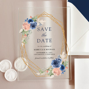 Navy Blush Pink Geometric Wedding Save the Date Acrylic Invitations