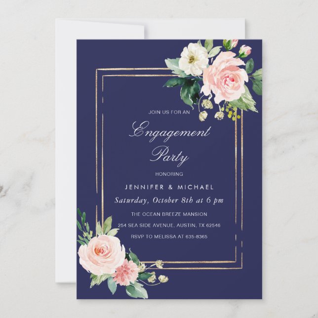 Navy Blush Pink Gold Engagement Party Invitation (Front)