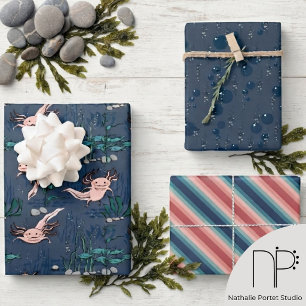 Navy & Blush Pink Mexican Salamander Axolotl Wrapping Paper Sheet