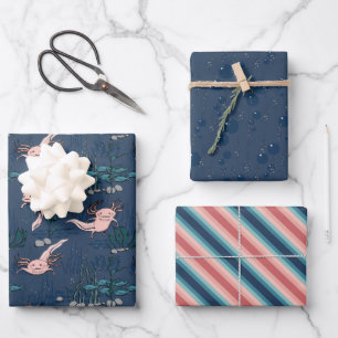 Navy & Blush Pink Mexican Salamander Axolotl  Wrapping Paper Sheet