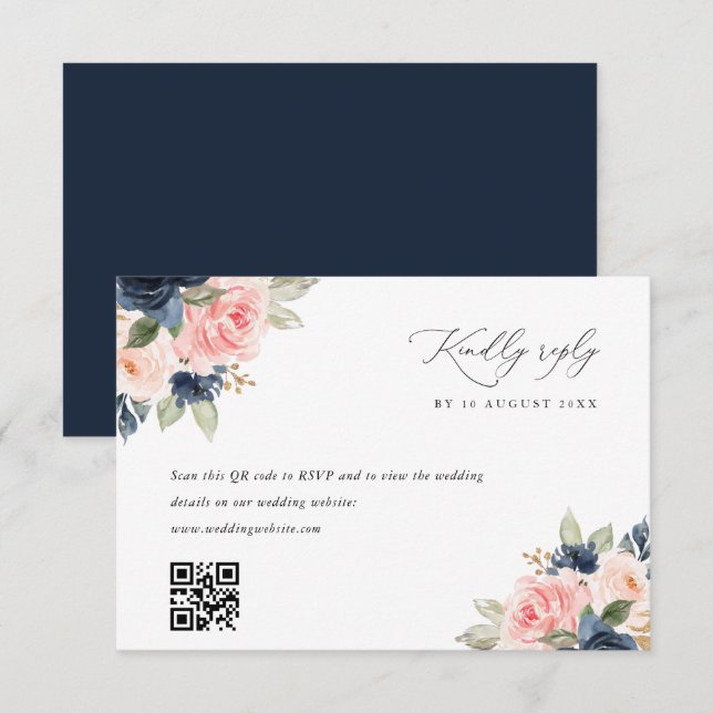 Navy blush pink QR code wedding RSVP card (Front/Back)