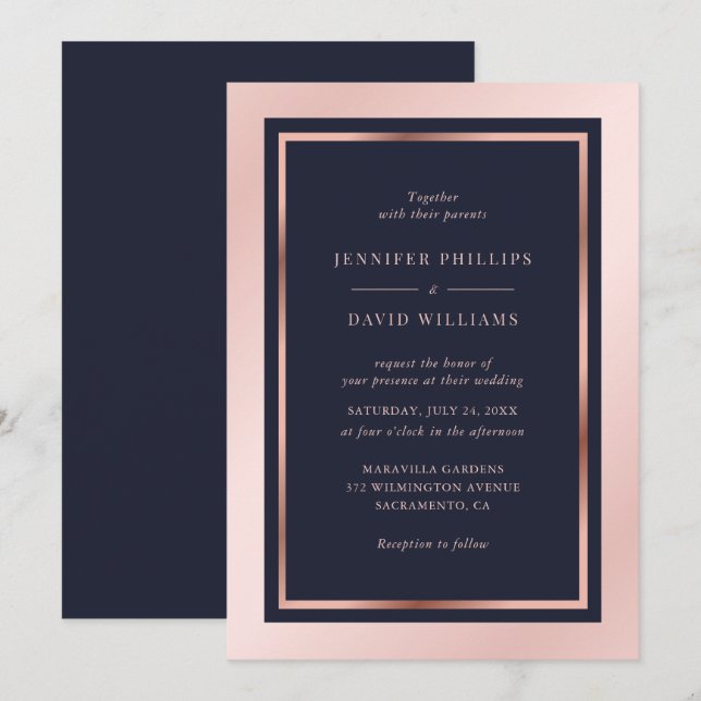 Navy Blush Pink Rose Gold Modern Framed Wedding Invitation (Front/Back)
