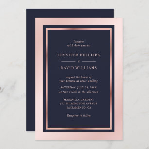 Navy Blush Pink Rose Gold Modern Framed Wedding Invitation