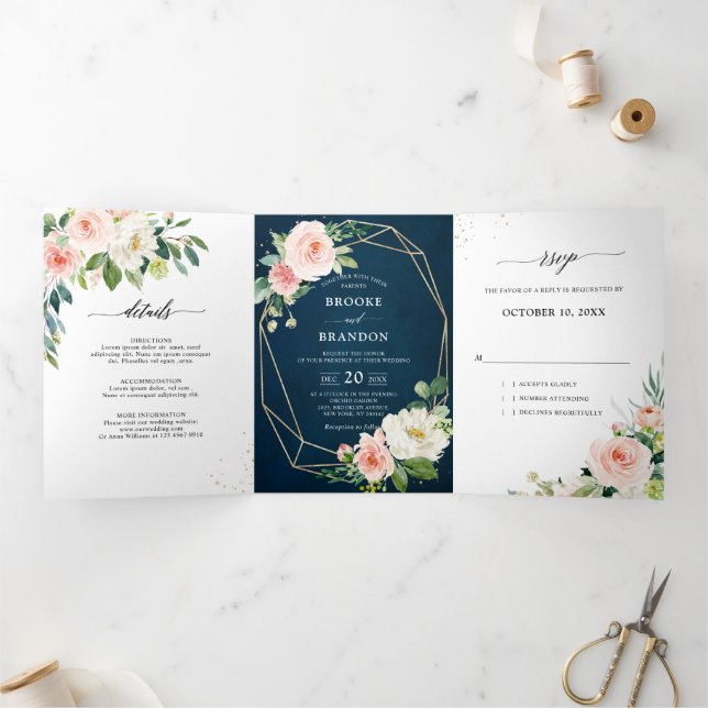 Navy Blush Pretty Pink Floral Botanical Wedding Tri-Fold Announcement (Inside)