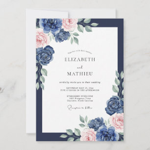 Navy Blush Ranunculus Eucalyptus Wedding Invitation