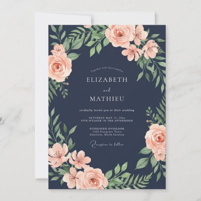 Navy Blush Romantic Floral Wedding Invitation (Front)
