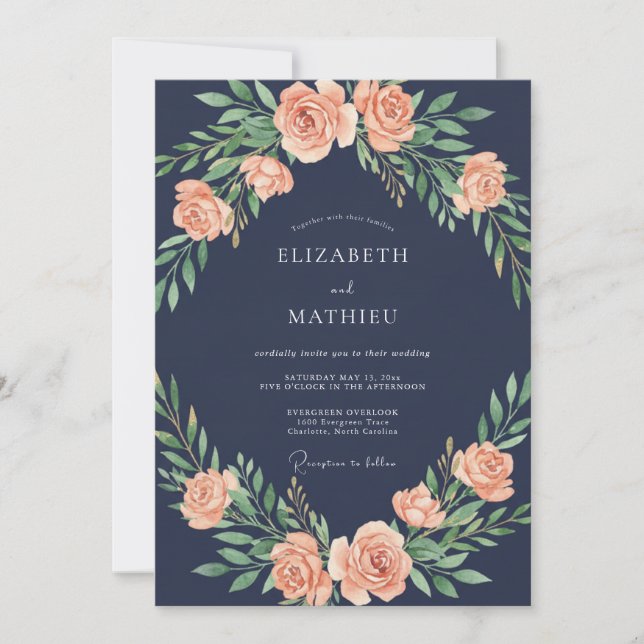Navy Blush Rose Garland Wedding Invitation (Front)