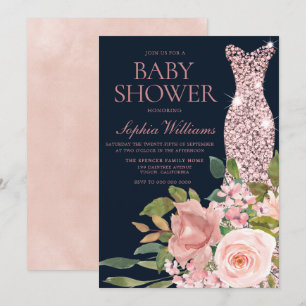 Navy & Blush Rose Gold Dress Floral Baby Shower Invitation
