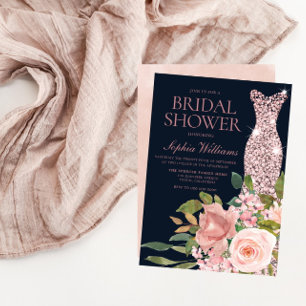 Navy & Blush Rose Gold Dress Floral Bridal Shower Invitation