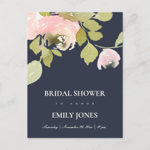 NAVY BLUSH ROSE WATERCOLOR FLORAL BRIDAL SHOWER INVITATION POSTCARD