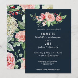 Navy Blush Roses Farmhouse Boho Wedding Invitation