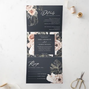 NAVY BLUSH RUST MONSTERA FLORA WATERCOLOR  WEDDING Tri-Fold INVITATION
