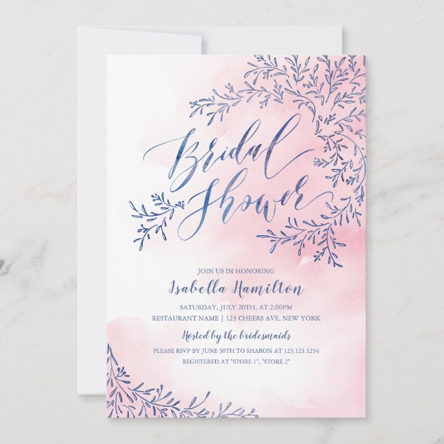 Navy blush rustic floral calligraphy bridal shower invitation (Front)