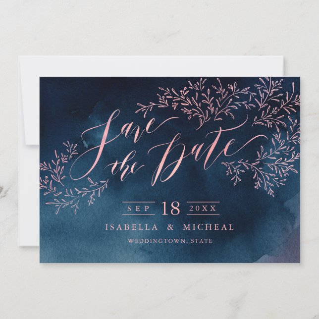 Navy blush rustic floral calligraphy save the date (Front)