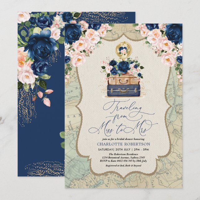Navy Blush Travel Adventure Bridal Shower Invitation (Front/Back)