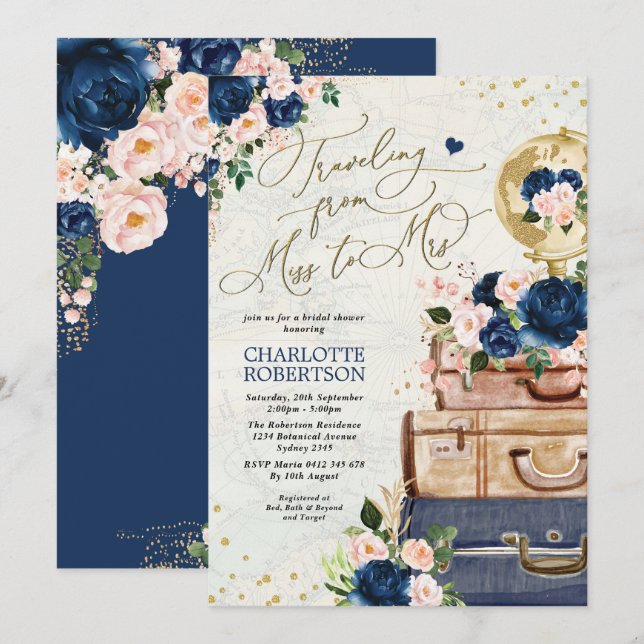 Navy Blush Travel Bridal Shower Miss to Mrs Invitation (Front/Back)