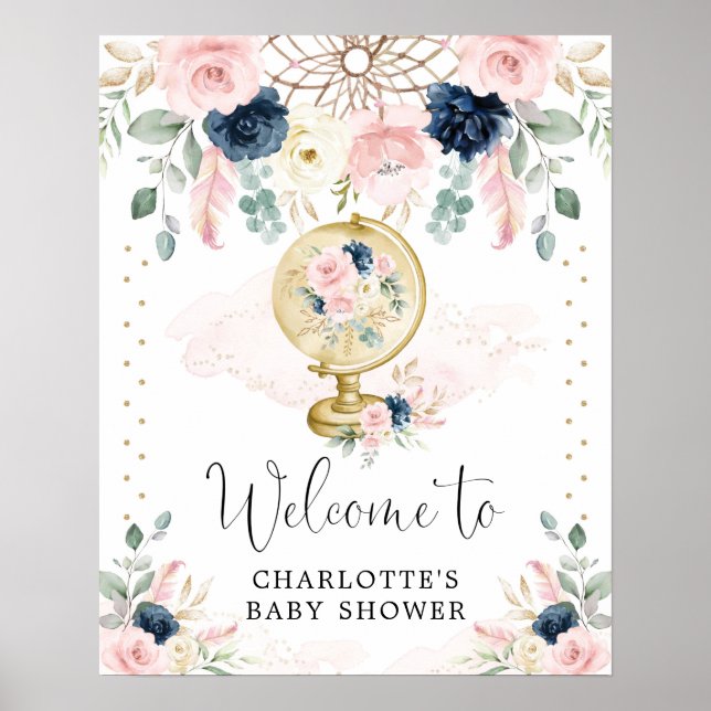 Navy Blush Travel Dreamcatcher Welcome Baby Shower Poster (Front)