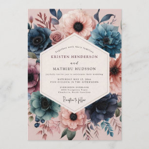 Navy Blush Vivid Flora Wedding Invitation