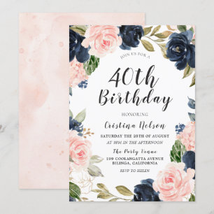 Navy & Blush Watercolor 40th Birthday Party Invitation