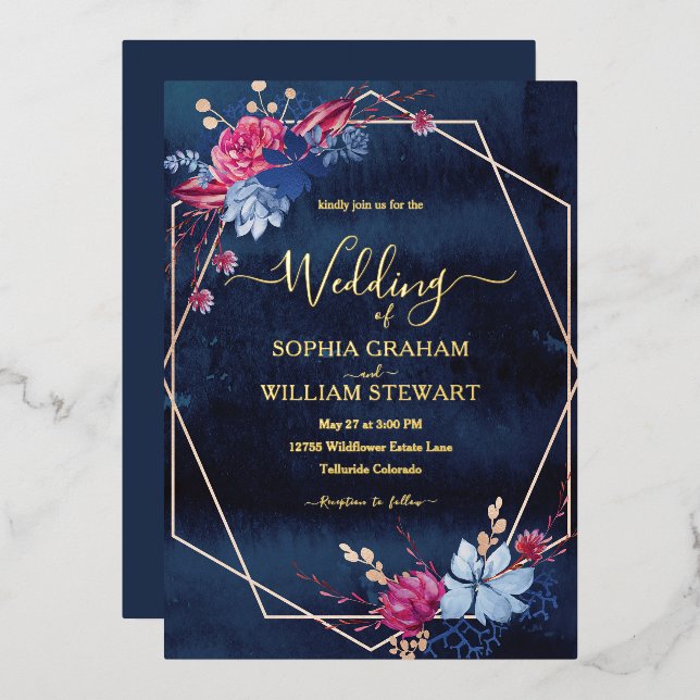 Navy Blush Watercolor Floral Geometric Wedding (Front/Back)